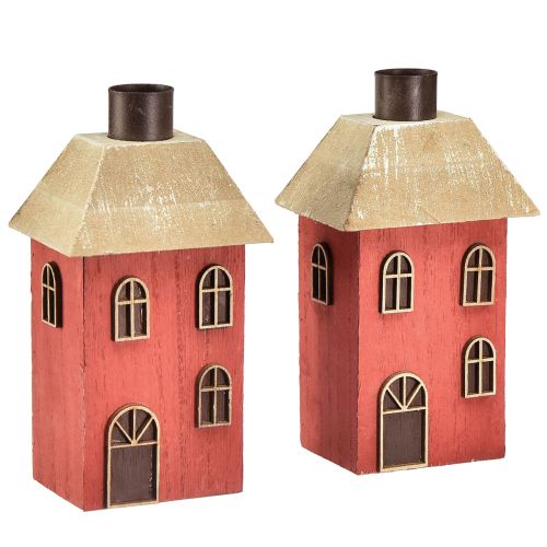 Floristik24 Kaarshouder huis hout rode stokkaarshouder H14,5cm 2st