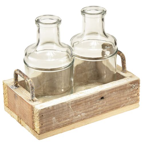 Mini vazen glazen sierblad hout vintage 16x10x14cm set