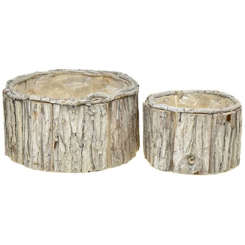 Plantenbak hout ronde schors naturel wit 26/18cm set van 2 stuks