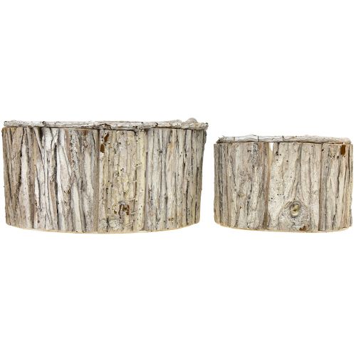 Artikel Plantenbak hout ronde schors naturel wit 26/18cm set van 2 stuks