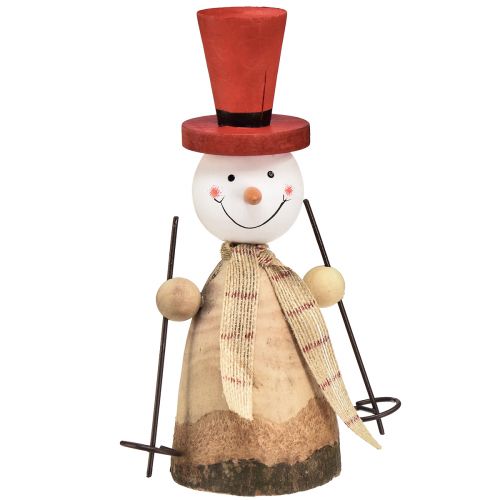 Sneeuwpop van hout decoratief figuur met hoed rood naturel H20,5cm