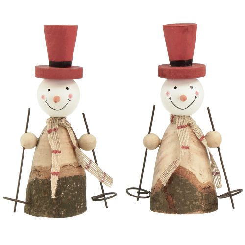 Floristik24 Schattige set van 2 houten sneeuwpoppen met rode hoge hoeden - naturel &amp; rood, 15,5 cm - winterse tafeldecoratie