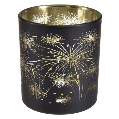 Elegante glazen lantaarn met vuurwerkmotief - 6 stuks zwart en goud 9 cm - Ideale decoratie voor feestelijke gelegenheden