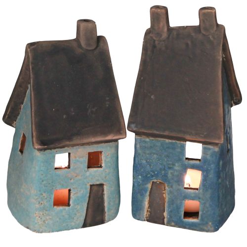 Lantaarnhuis keramiek huis blauw bruin H15,5/17,5cm 2 st