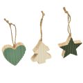 Floristik24 Houten kerstboomhangerset, hart-boom-ster, mintgroen-wit, 4,5 cm, 9 stuks - kerstversiering